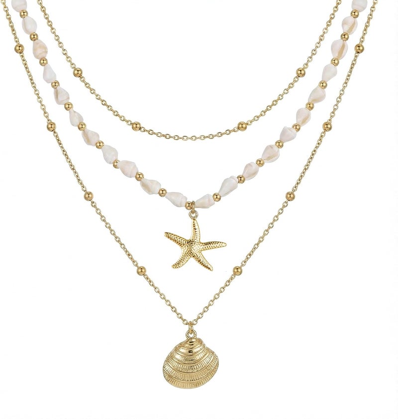 Sanyaa Seashell Starfish Necklace for Women Conch Shell Summer Pearl Beach 14k Gold Layered Dainty Choker - Image 1